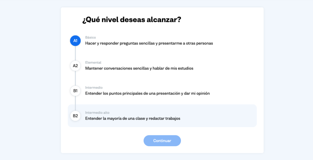 Pregunta: ¿Qué nivel deseas alcanzar?
Respuesta seleccionada: Hacer y responder preguntas sencillas y presentarme a otras personas.